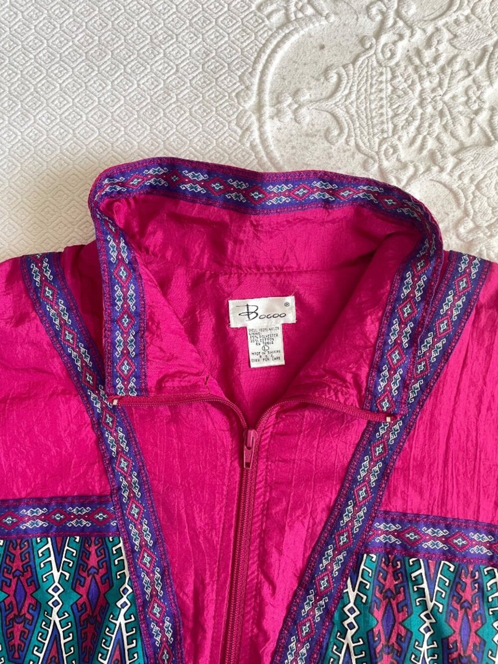 Vintage 1993 Bocco Colorful Aztec Ribbon 100% Nylon Lined Windbreaker Jacket LRG - Picture 7 of 14